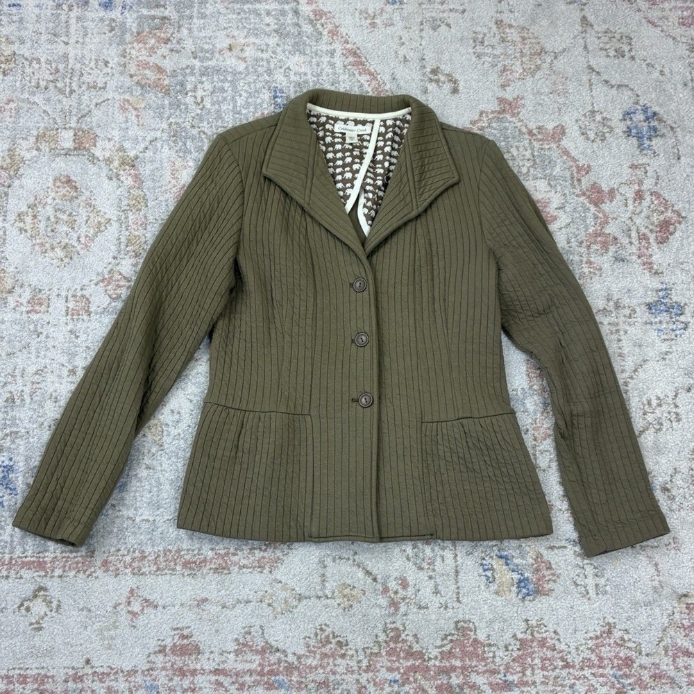 Coldwater Creek Green Ribbed Quilted Blazer Jacket Elephant Novelty Lining Sz 12